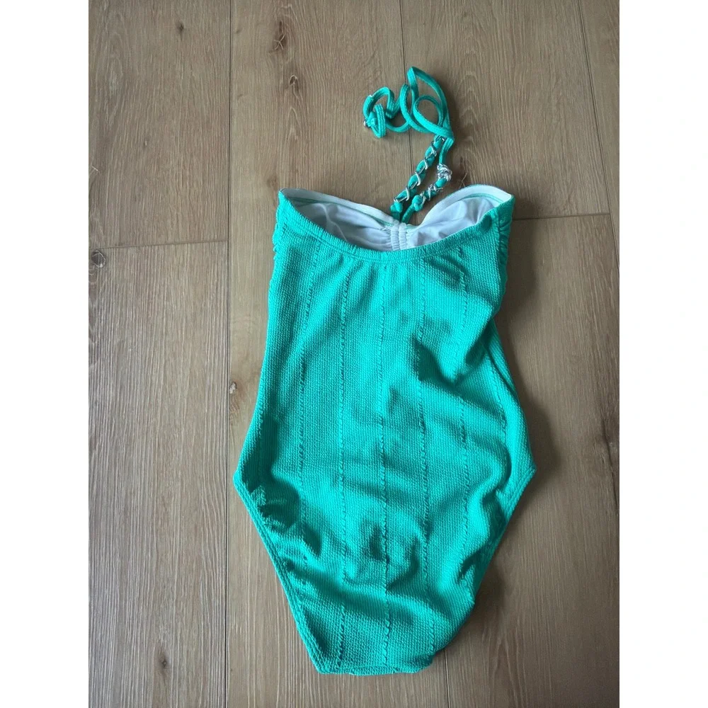Shoshanna Swimwear Teal‎ Green Textured Chain Halter One Piece Swimsuit size 4
